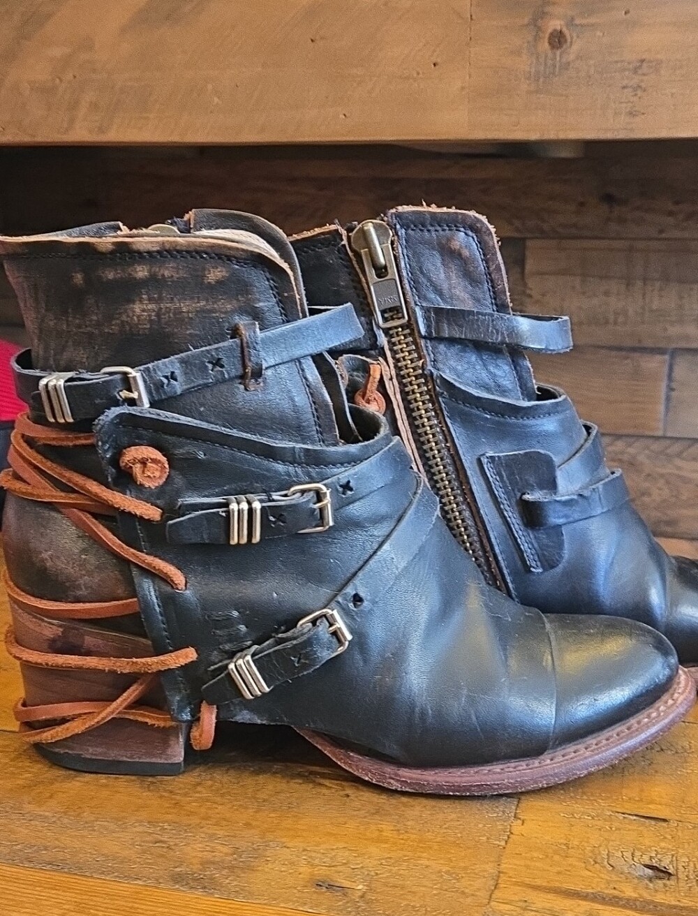 Freebird Black Leather Ankle Boots with Brown Lace Wraps